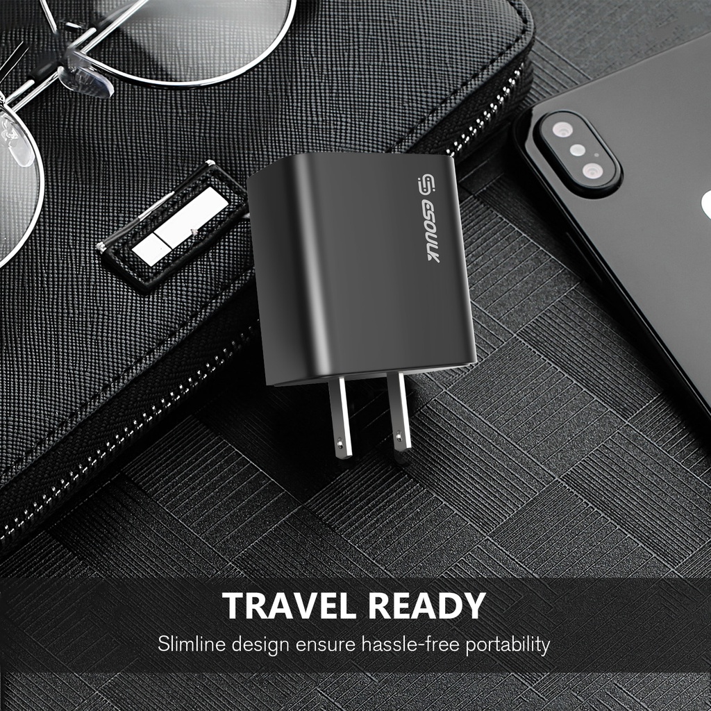 Esoulk 20W PD/QC Wall Charger & Cable (5ft) for Type-C to 8 Pin - Black