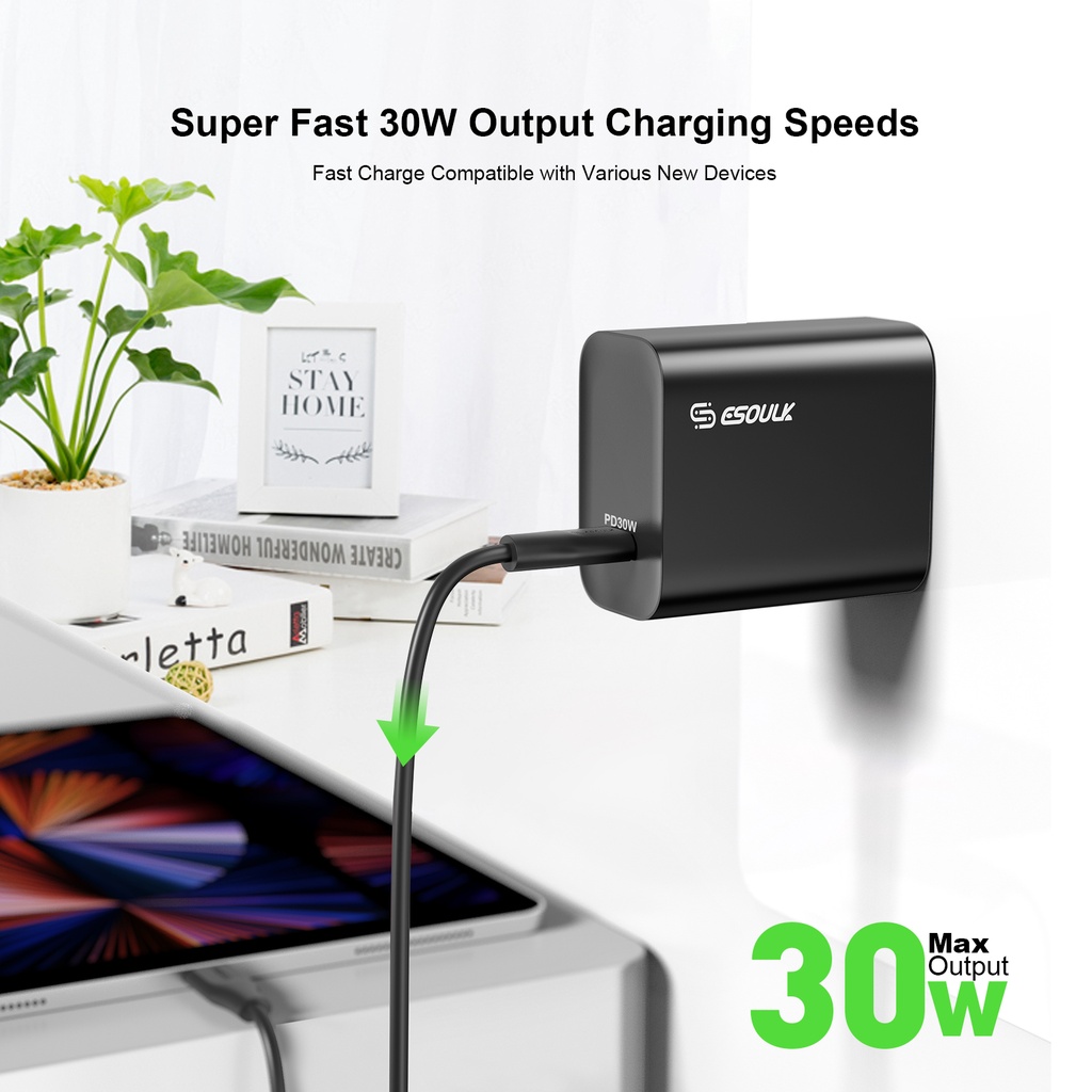 Esoulk 30W PD Fast Wall Charger - Black