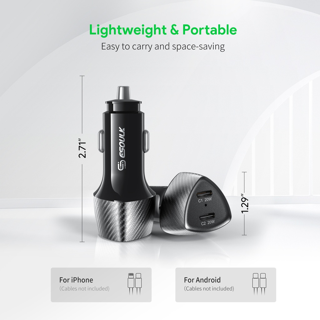 Esoulk 40W Dual Type-C Port Fast Car Charger - Black
