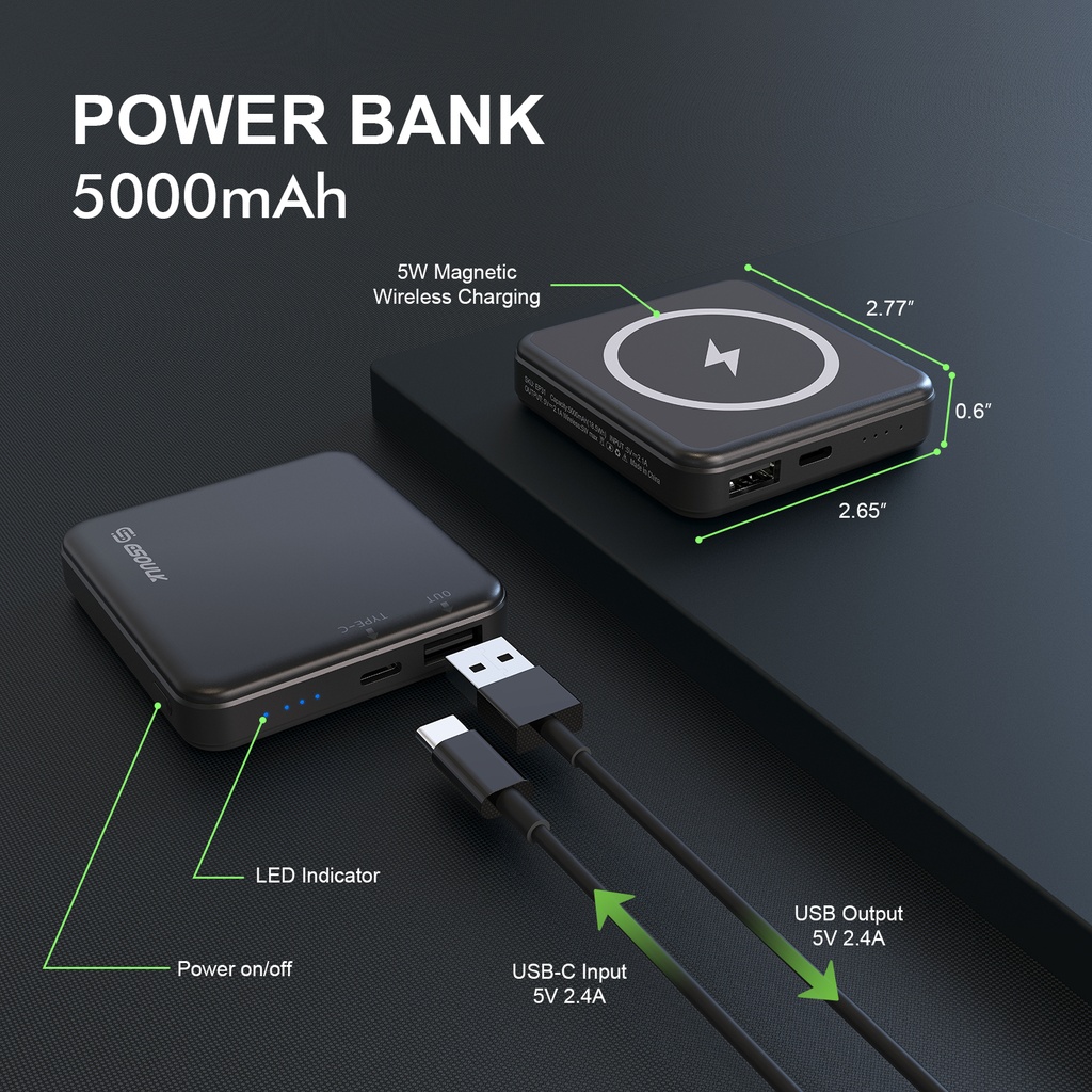Esoulk Magnetic Wireless Power Bank  5W 5000mAh- Black