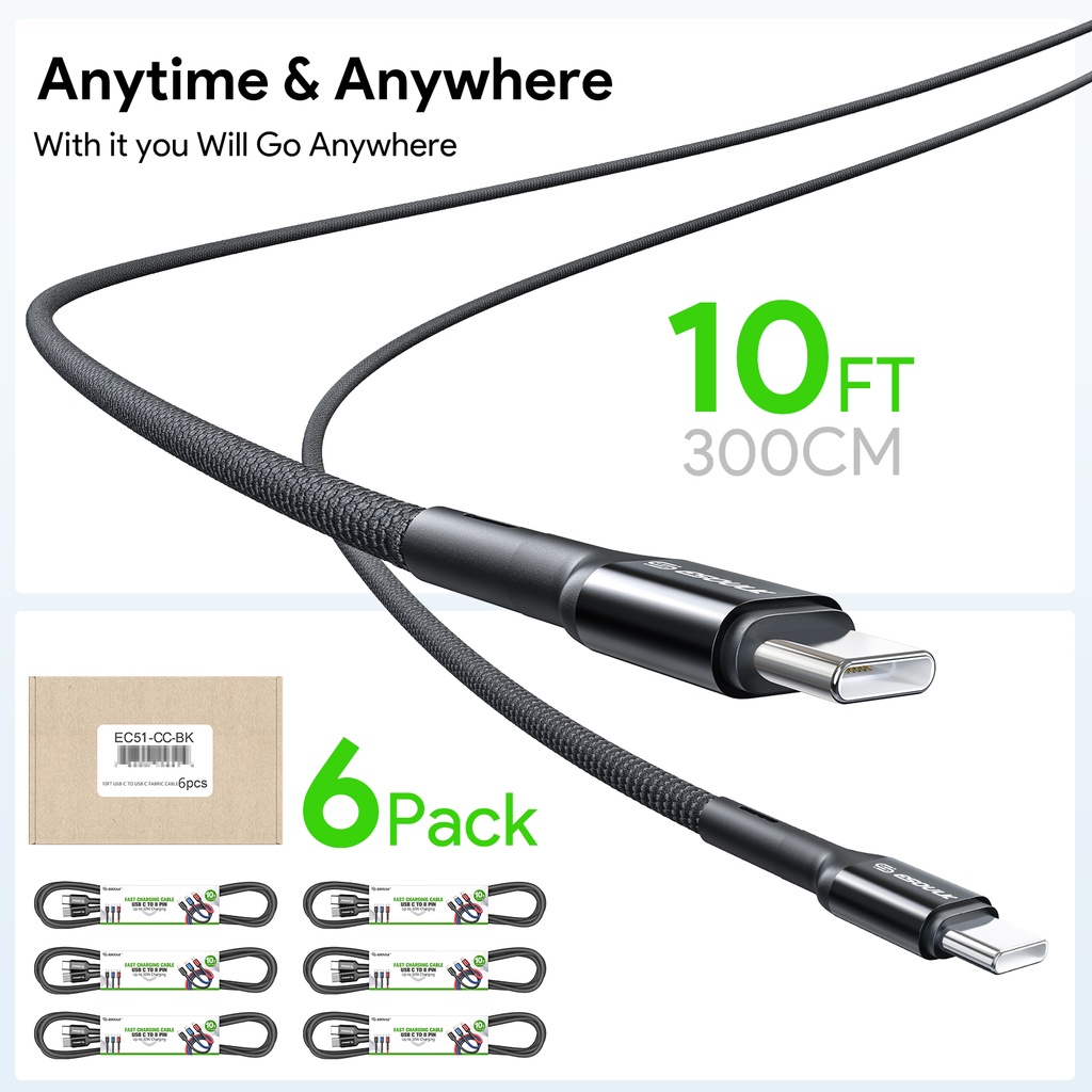 Esoulk Fast Charging Cable (10ft) Type-C to C - Black