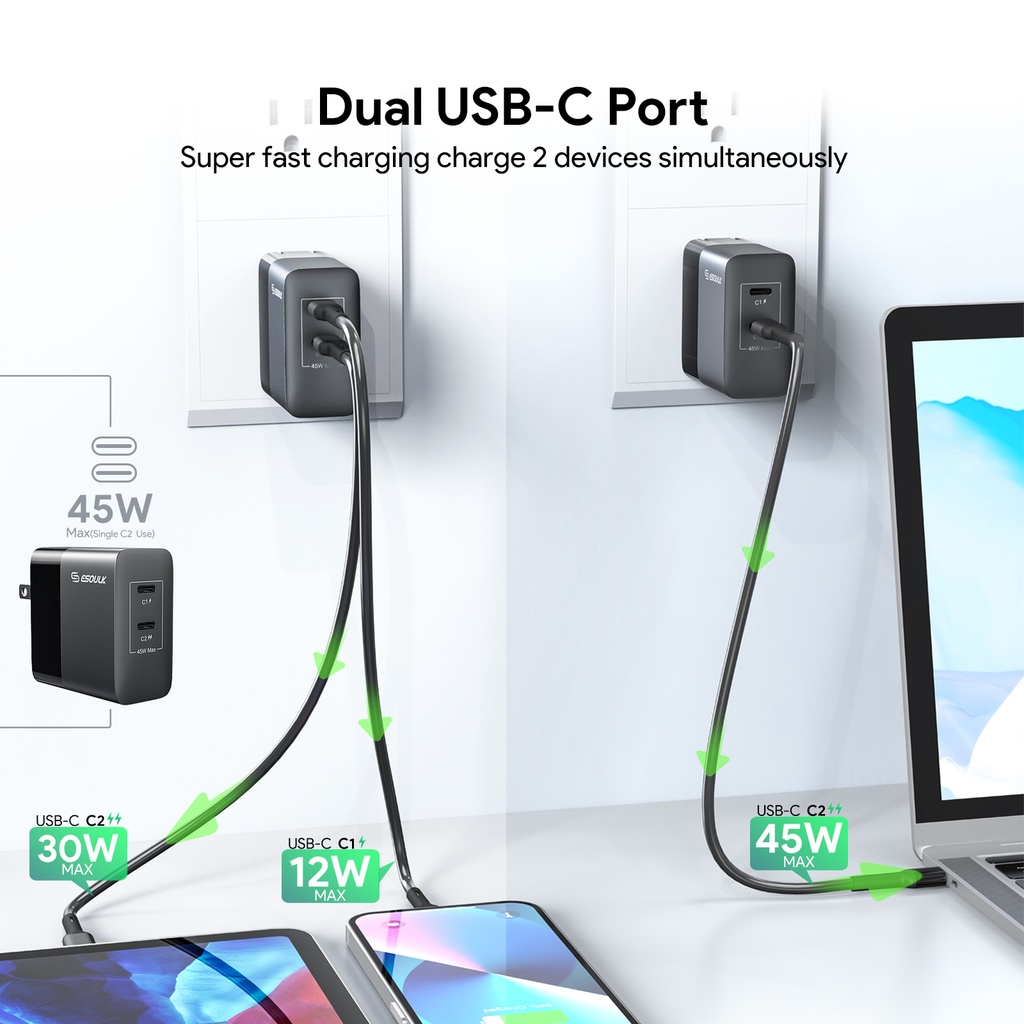 Esoulk 45W PD Dual Type-C Fast Wall Charger - Black