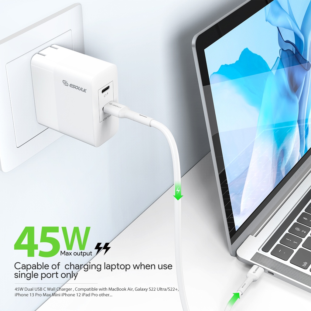 Esoulk 45W PD Dual Type-C Fast Wall Charger - White