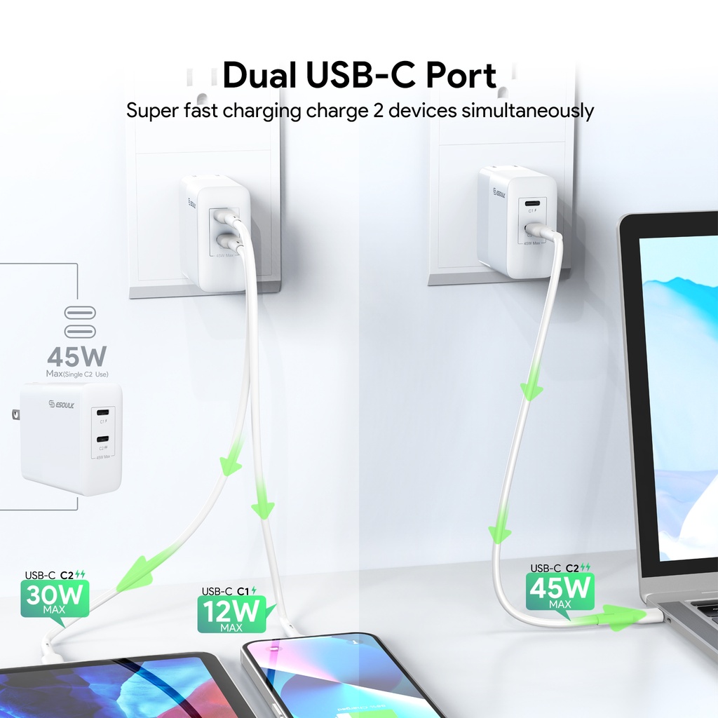Esoulk 45W PD Dual Type-C Fast Wall Charger - White