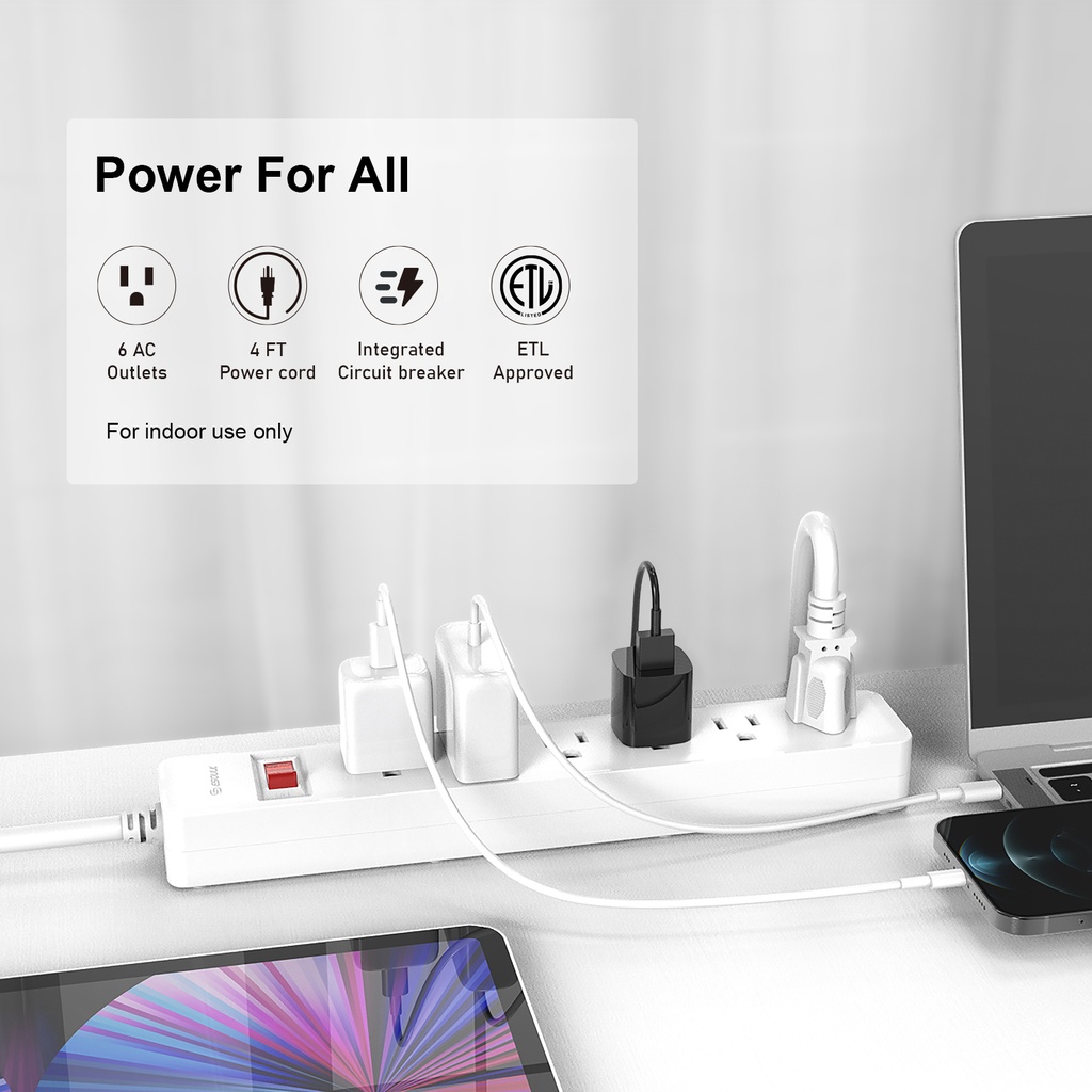 Esoulk 6-Outlet Power Strip & 4ft Power Cord (White)