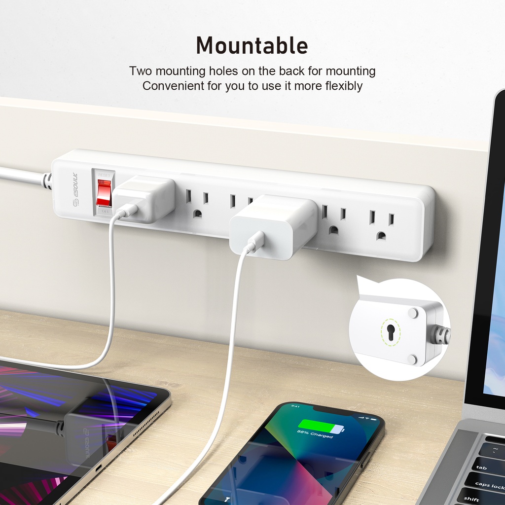 Esoulk 6-Outlet Power Strip & 4ft Power Cord (White)