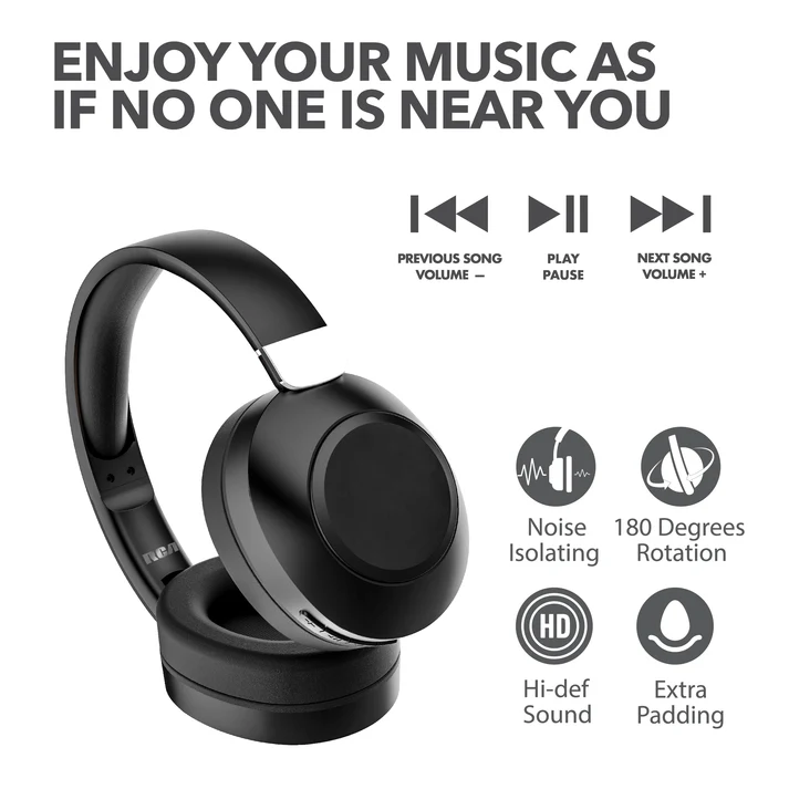 RCA Wave-54 Wireless Over-Ear Bluetooth Headphones, 12H Playtime, Hi-Res Audio - Black