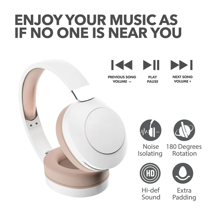 RCA Wave-54 Wireless Over-Ear Bluetooth Headphones, 12H Playtime, Hi-Res Audio - White