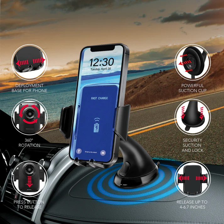 RCA CM-12 3-in-1 Wireless Car Charger & Phone Holder for Dashboard & Windshield