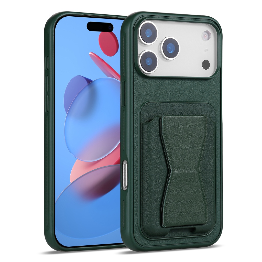 Magnetic Leather Card Case with Stand for iPhone 17 Pro - Dark Green