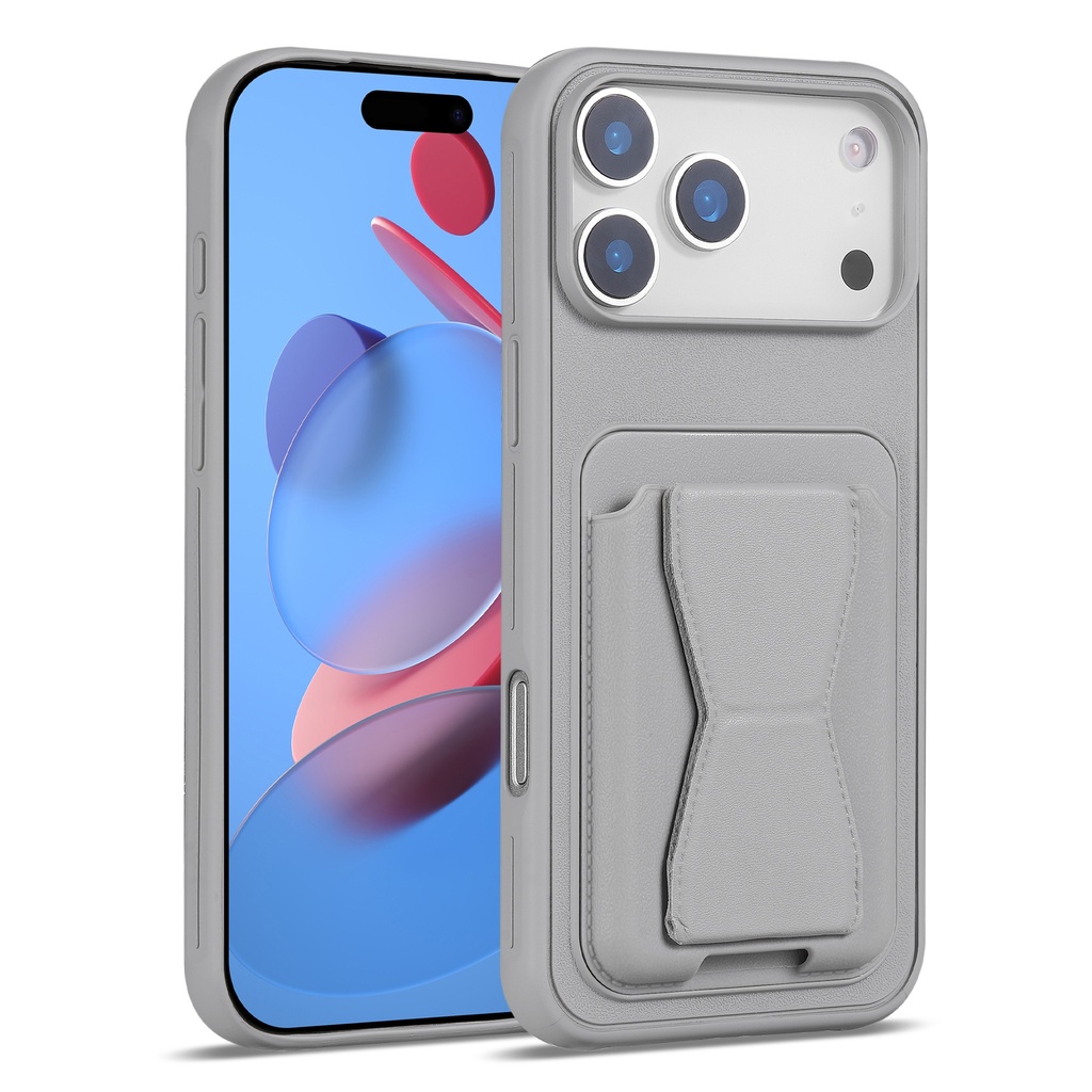 Magnetic Leather Card Case with Stand for iPhone 17 Pro - Gray
