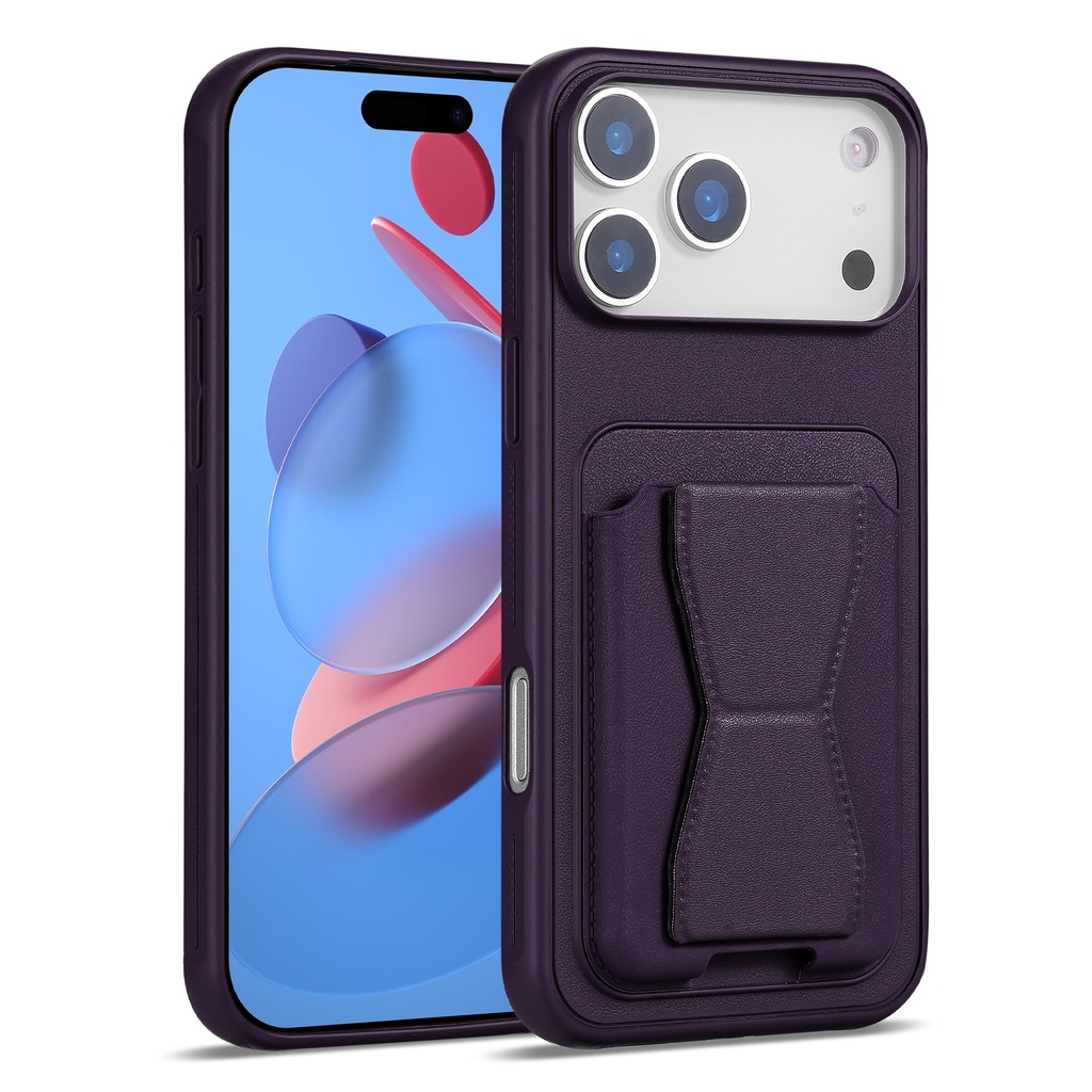 Magnetic Leather Card Case with Stand for iPhone 17 Pro - Purple
