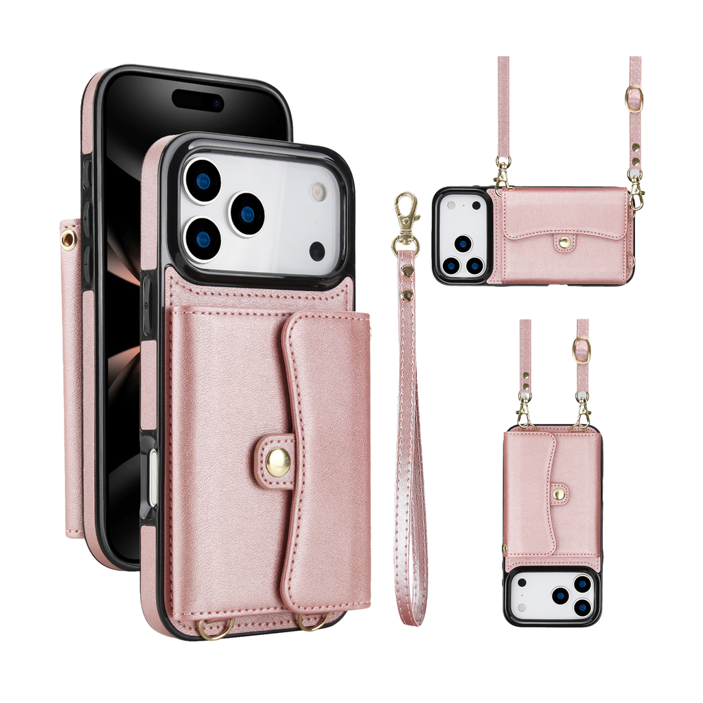 8 Card Case with Cross Body Strap for iPhone 17 Pro - Rose Gold