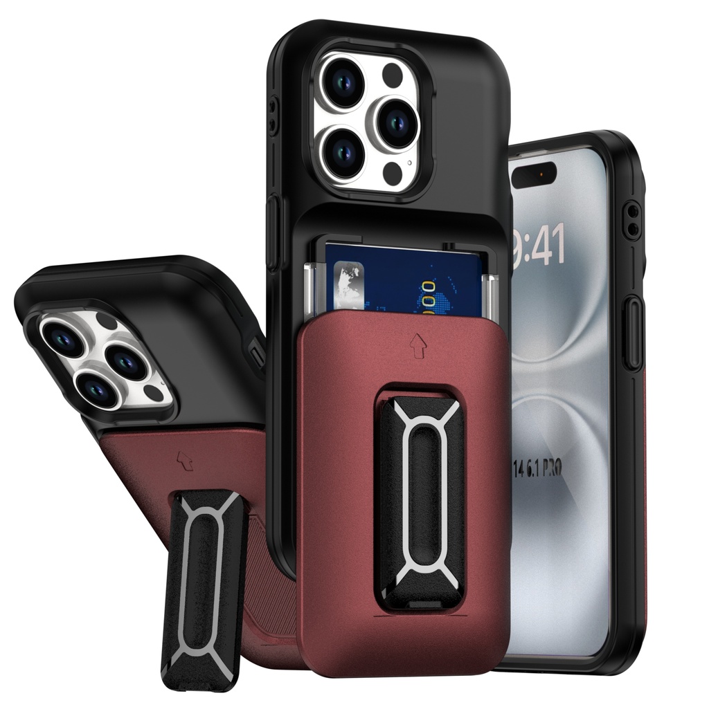 Card Holder Case for iPhone 13 Pro - Black & Burgundy
