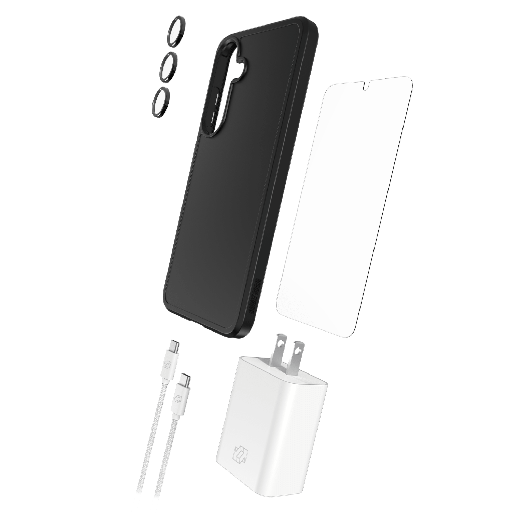 Gadget Guard - 5 In 1 Essentials Bundle Includes Case /  Camera Lens Protector /  Glass Screen Protector /  30w Charging Block /  6ft Cable For Samsung Galaxy S25 Plus - Black