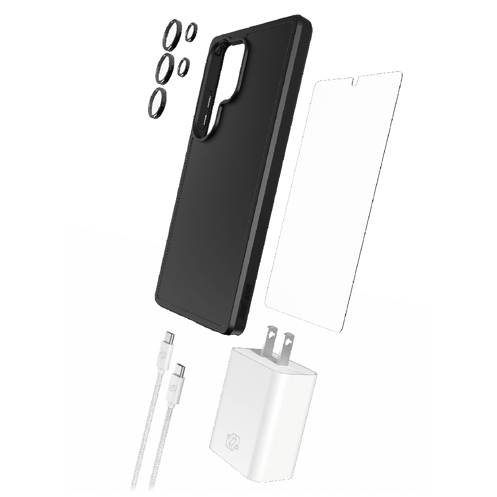 Gadget Guard - 5 In 1 Essentials Bundle Includes Case /  Camera Lens Protector /  Glass Screen Protector /  30w Charging Block /  6ft Cable For Samsung Galaxy S25 Ultra - Black