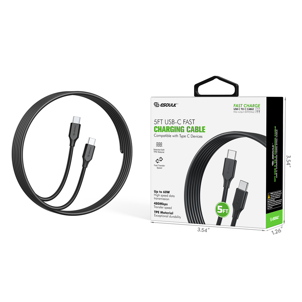 Esoulk EK1003 60W USB-C to USB-C Fast Charging Cable (5 ft) (Black)