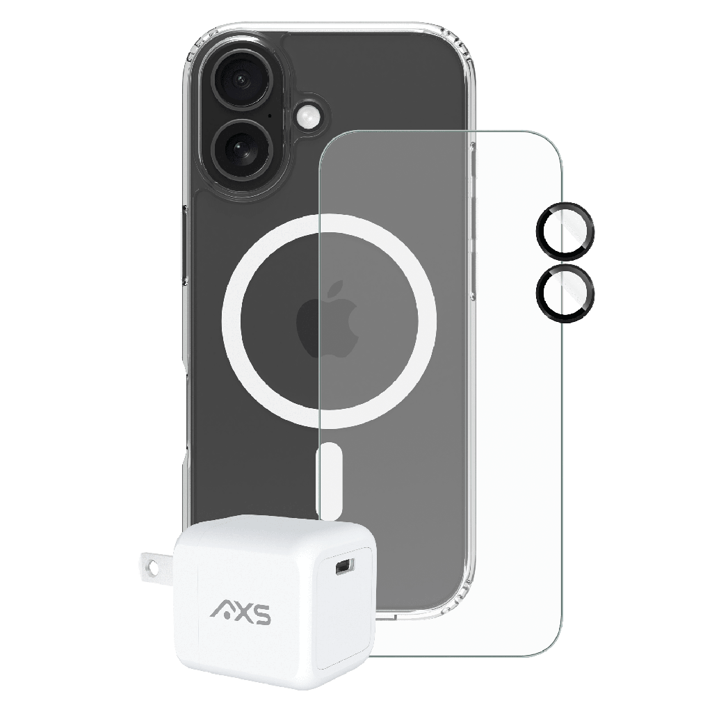 Axs - Essential Bundle 4 In 1 Bundle Includes Ultra Clear Magsafe Case  /  Armorglass Pro Screen Protector  /  Gan Wall Charger 30w  /   Camera Len Pro Screen Protector For Apple Iphone 17 - Clear