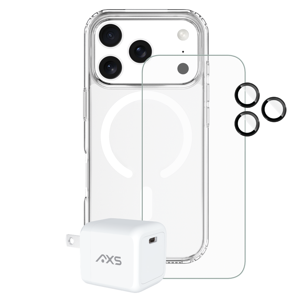 Axs - Essential Bundle 4 In 1 Bundle Includes Ultra Clear Magsafe Case  /  Armorglass Pro Screen Protector  /  Gan Wall Charger 30w  /   Camera Len Pro Screen Protector For Apple Iphone 17 Pro - Clear