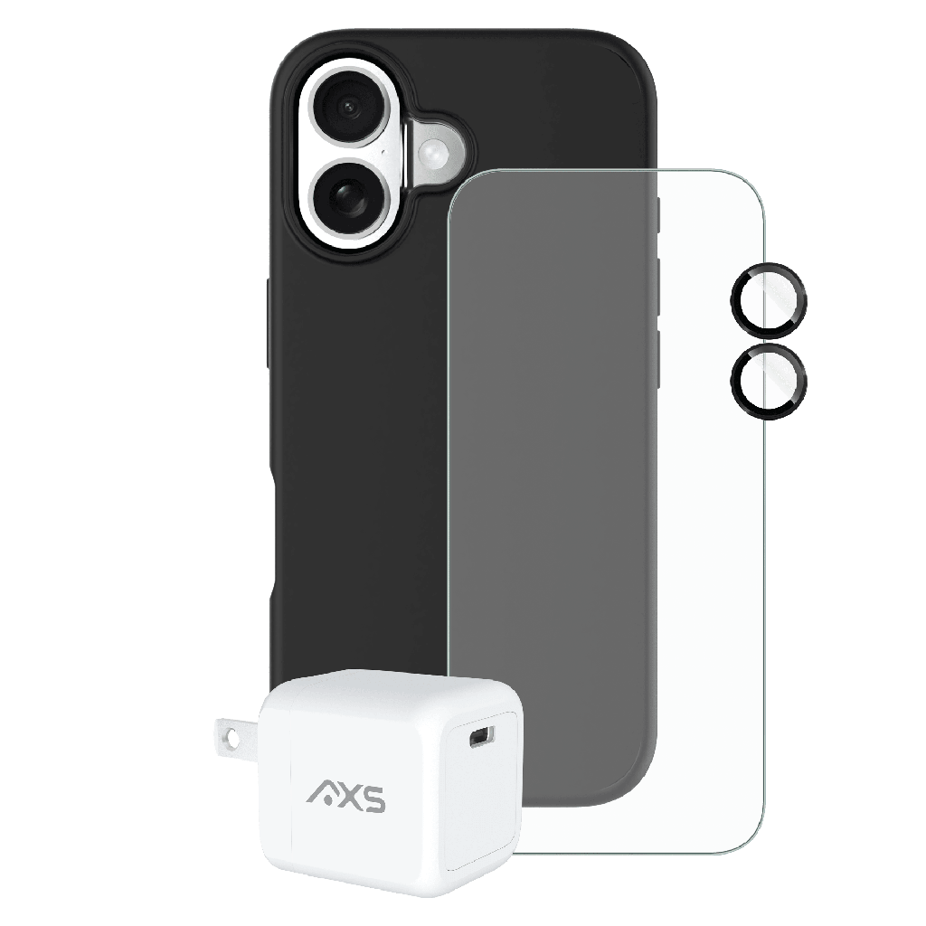 Axs - Essential Bundle 4 In 1 Bundle Includes Pulse Magsafe Case  /  Armorglass Pro Screen Protector  /  Gan Wall Charger 30w  /   Camera Len Pro Screen Protector For Apple Iphone 17 - Black