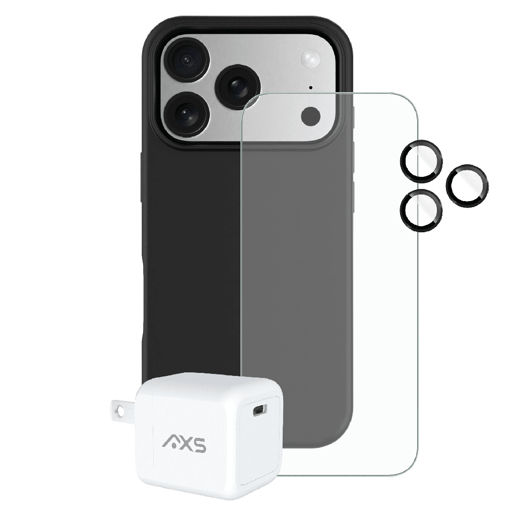 Axs - Essential Bundle 4 In 1 Bundle Includes Pulse Magsafe Case  /  Armorglass Pro Screen Protector  /  Gan Wall Charger 30w  /   Camera Len Pro Screen Protector For Apple Iphone 17 Pro - Black