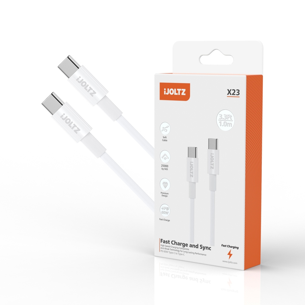 iJoltz - 60W Fast Charging Data Cable (USB-C to USB-C) 3.3 Ft (White)