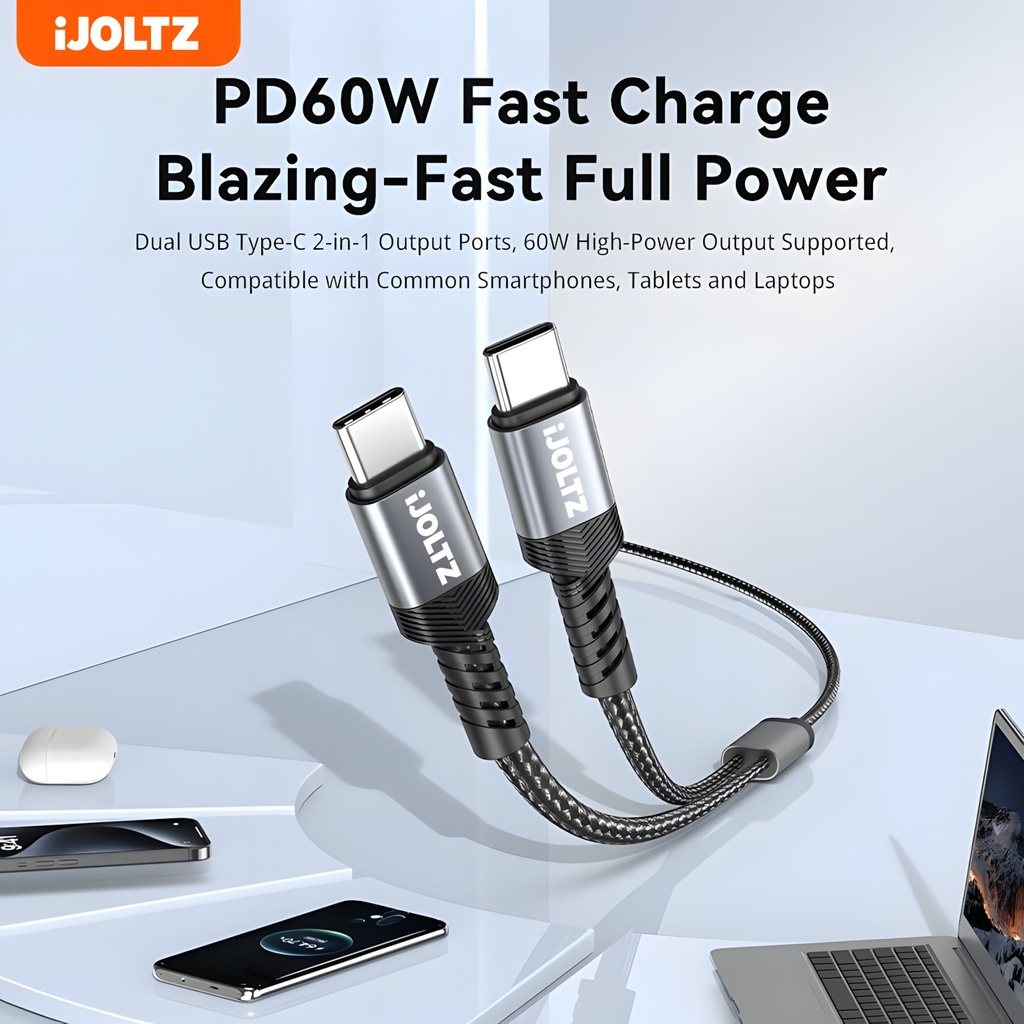 iJoltz - PD 60W 2-in-1 Dual-Ended Fast Charging Cable (USB-C to USB-C & USB-C) 4 Ft (Black)