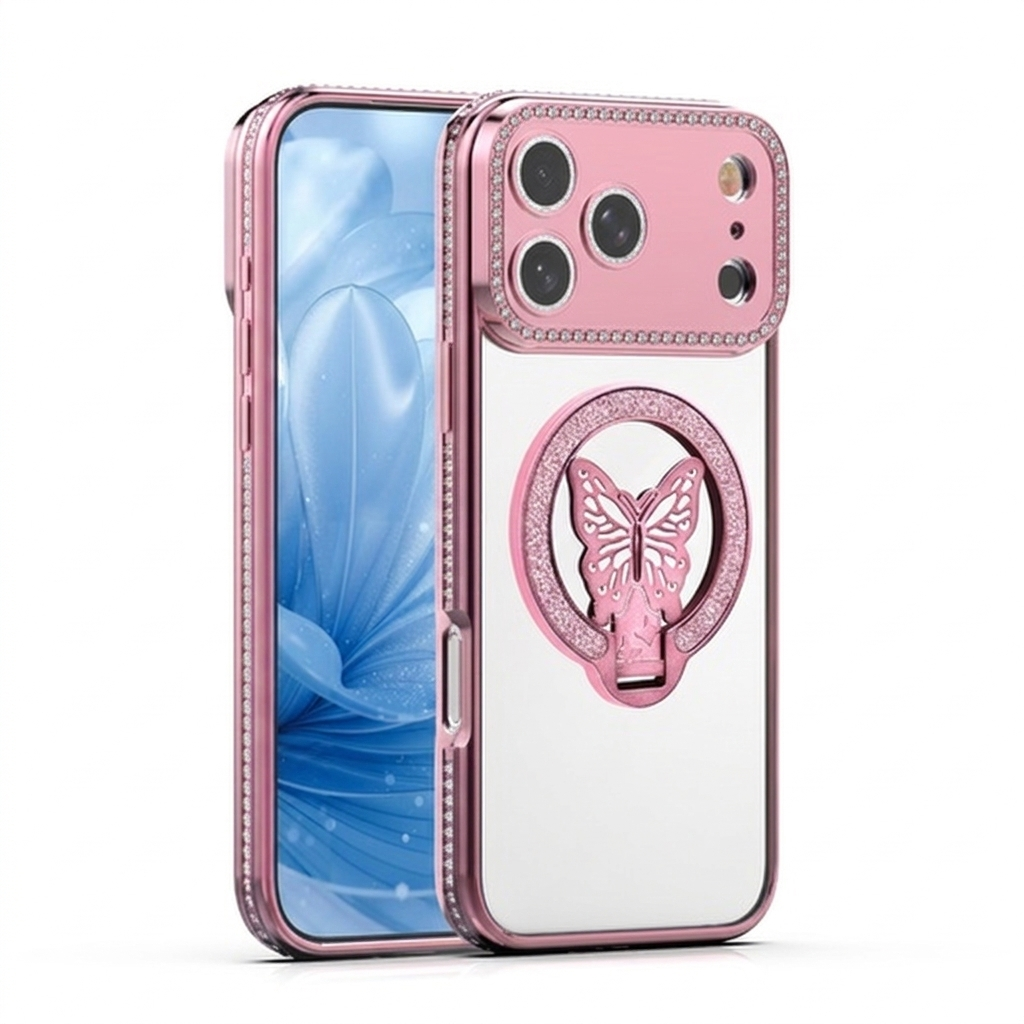 Shiny Butterfly Stand Case for iPhone 17 Pro - Pink