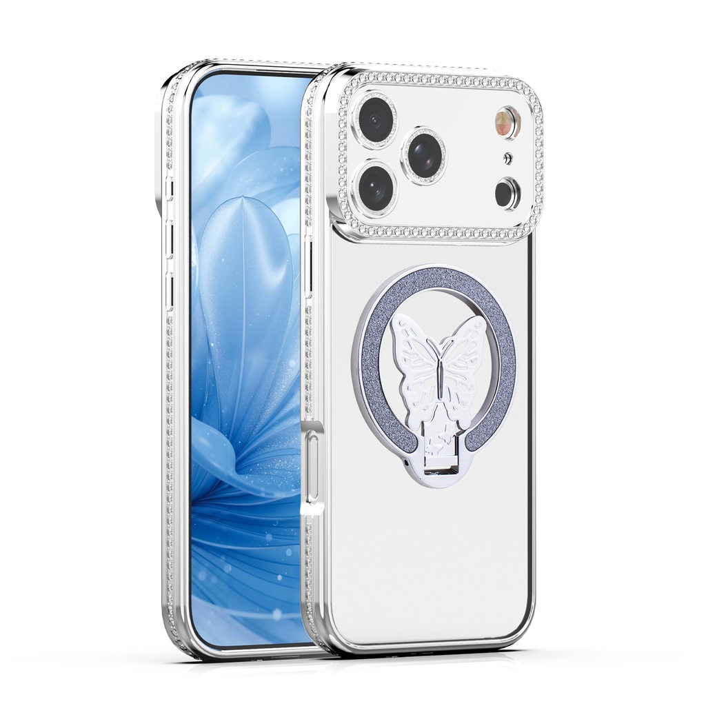 Shiny Butterfly Stand Case for iPhone 16 Pro Max - Silver