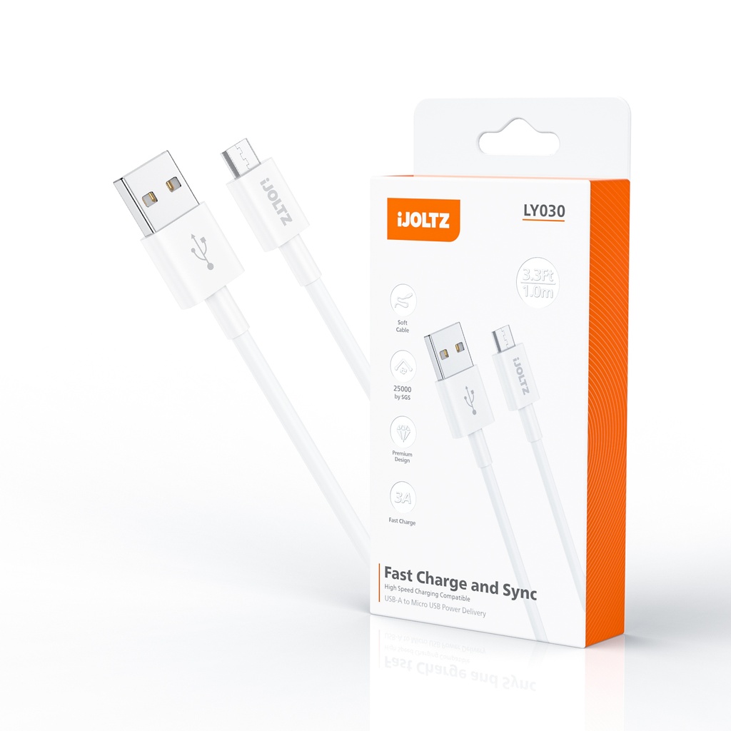 iJoltz - Bending Resistant USB-A to Micro (3.3 Ft) (White)
