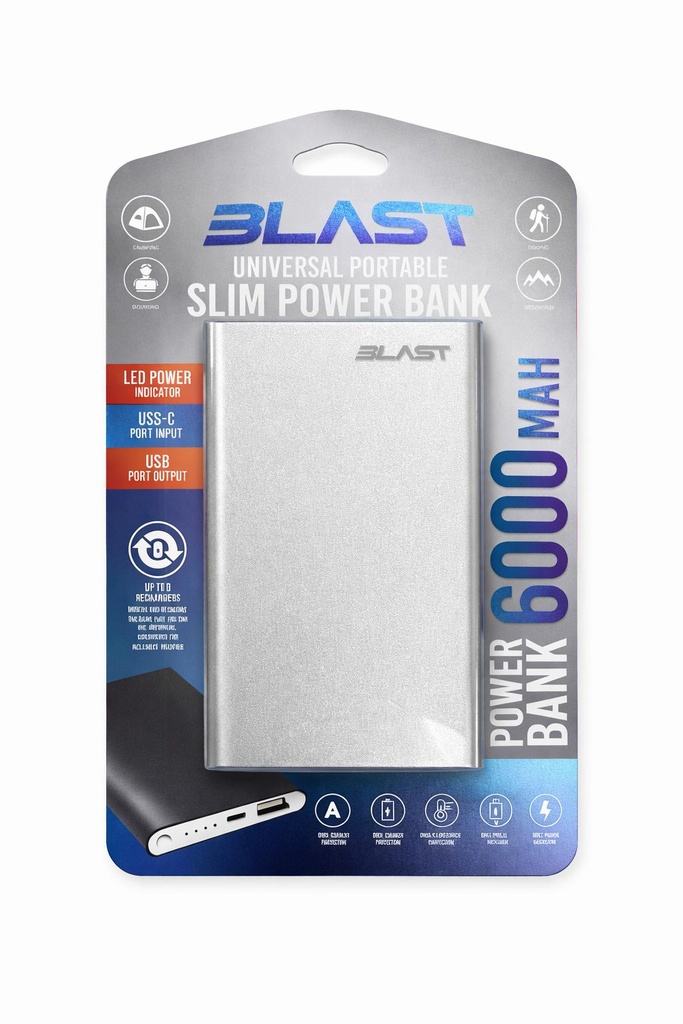 Blast Universal Portable Slim 6000 mAh Power Bank (Silver)