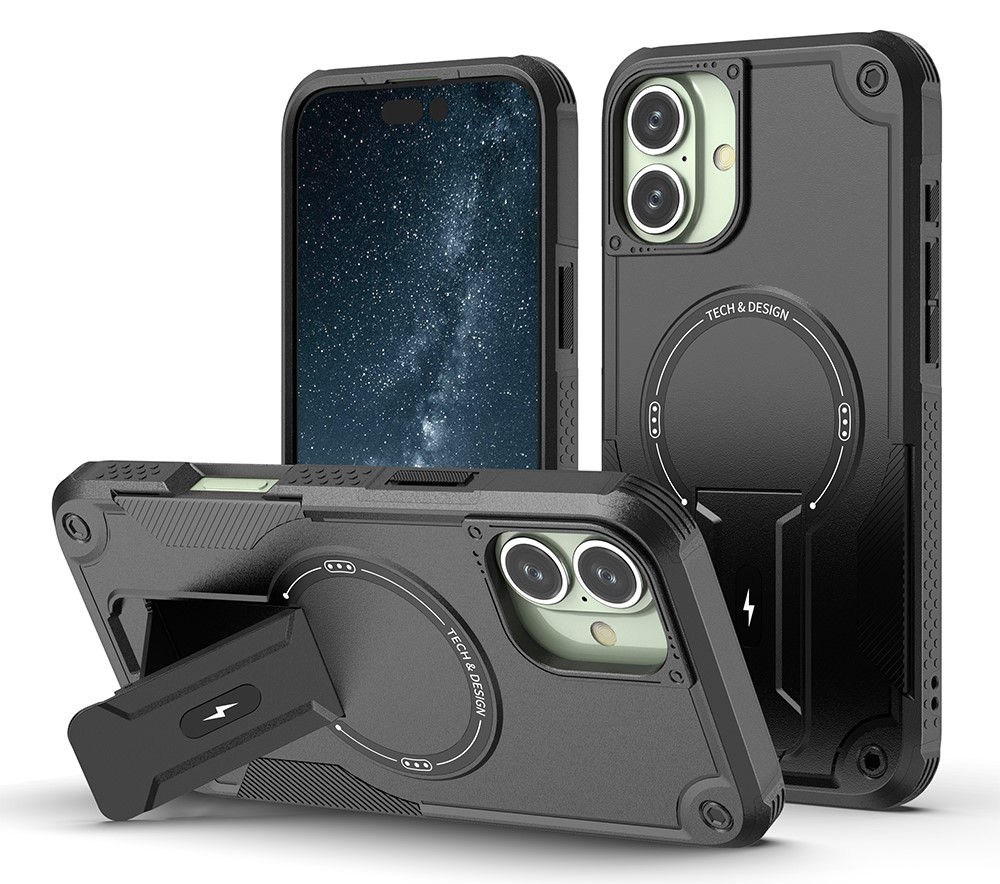 Shockproof Stand Case with Magsafe for iPhone 16 - Black