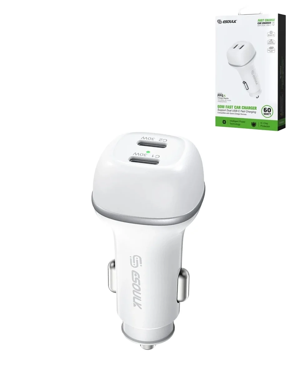 Esoulk EK2004 60W Dual USB-C Car Charging Plug (White)