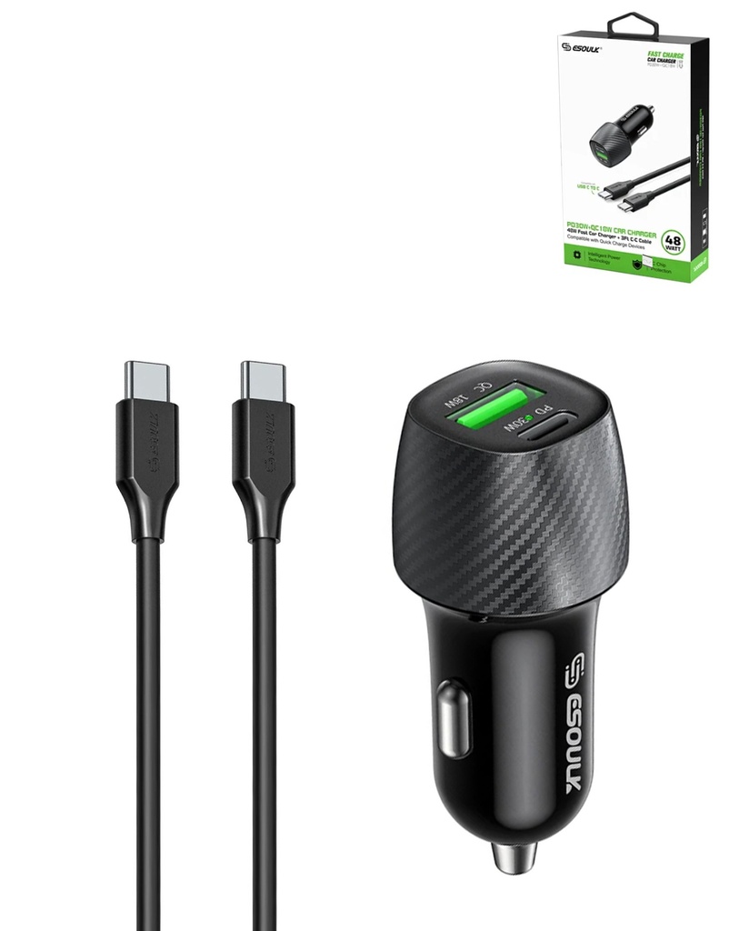 Esoulk EK2007 48W PD&QC USB-A to USB-C Car Charger with USB-C to USB-C Cable (3 ft) (Black)