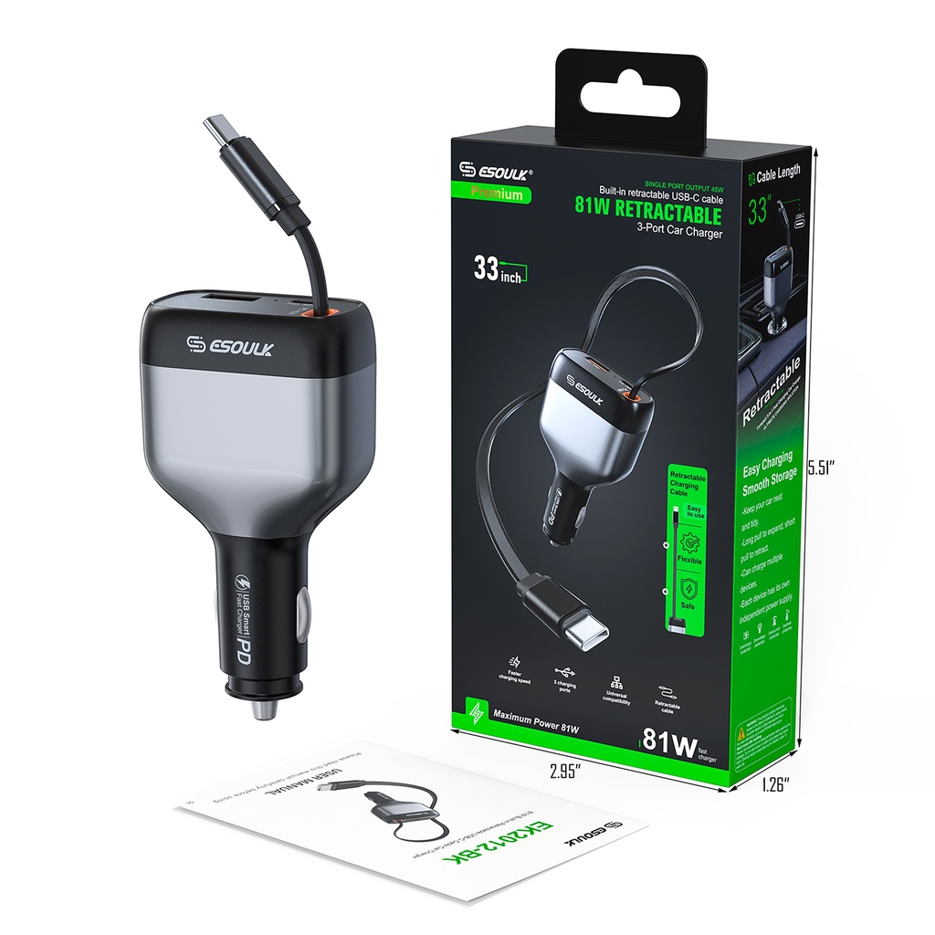 Esoulk EK2012 81W Built-in Retractable USB-C Cable Car Charger (Black)
