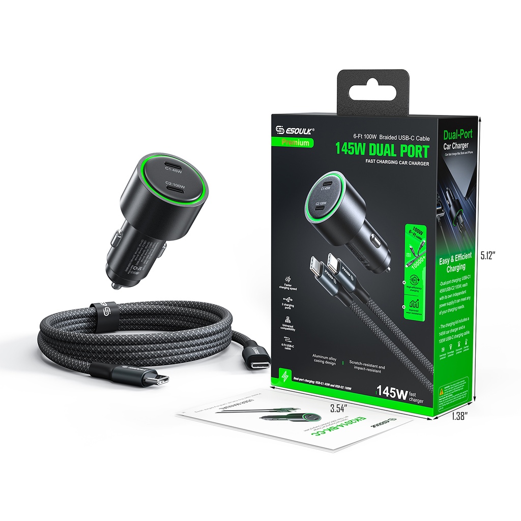 Esoulk EK2014-CC 145W Fast Charging Car Charger + 100W USB Braided Cable (6 ft) (Black)