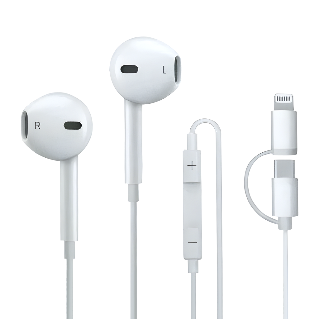 Earbuds With USB-C and USB-L Double Connector (White)