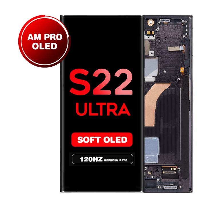 OLED Assembly for Samsung Galaxy S22 Ultra (S908) with Frame - Phantom Black (Aftermarket Pro - Soft OLED / 120Hz)