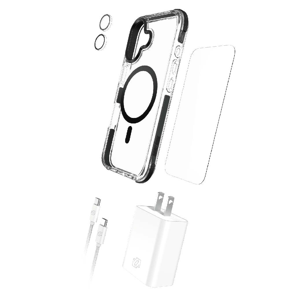 Gadget Guard - 5 In 1 Total Bundle Plus Includes Total Guard Case /  150 Guardplus Camera Lens Protector /  150 Guardplus Screen Protector /  30w Charging Block  /  Cable For Apple Iphone 17 - Black And Clear