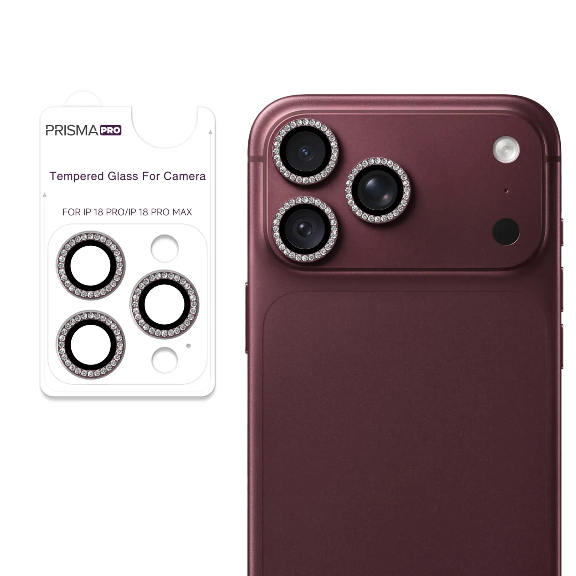 Prisma Pro Shield - Diamond Camera Lens w/HD Tempered Glass for iPhone 18 Pro Max / 18 Pro (Wine Red)