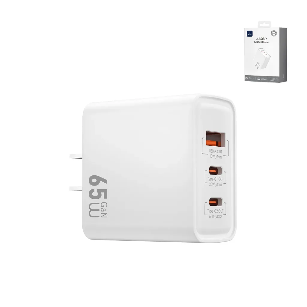 WIWU Essen Wi-G005 65W GaN Fast Charger (1x USB-A + 2x USB-C, PD) (White)