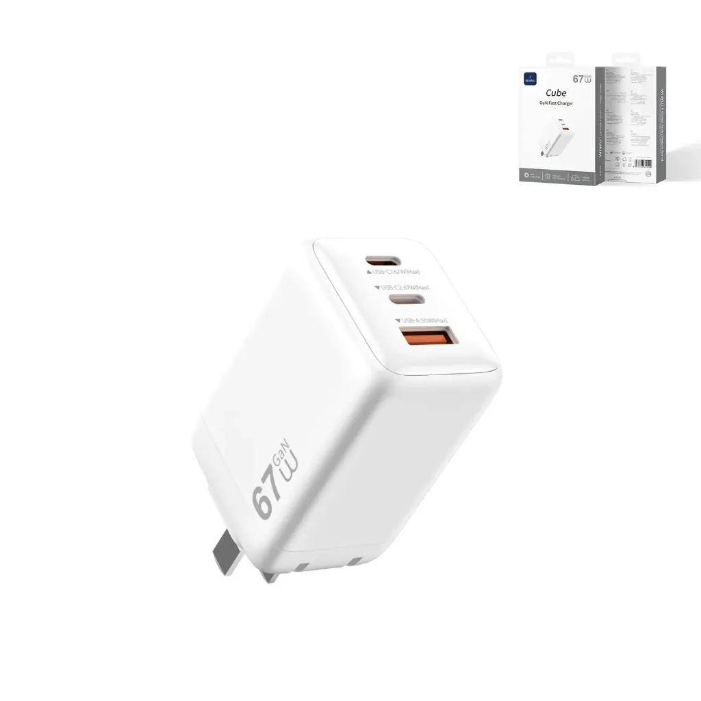 WIWU Cube Wi-G026 67W GaN Fast Charger (2x USB-C + USB-A) (White)