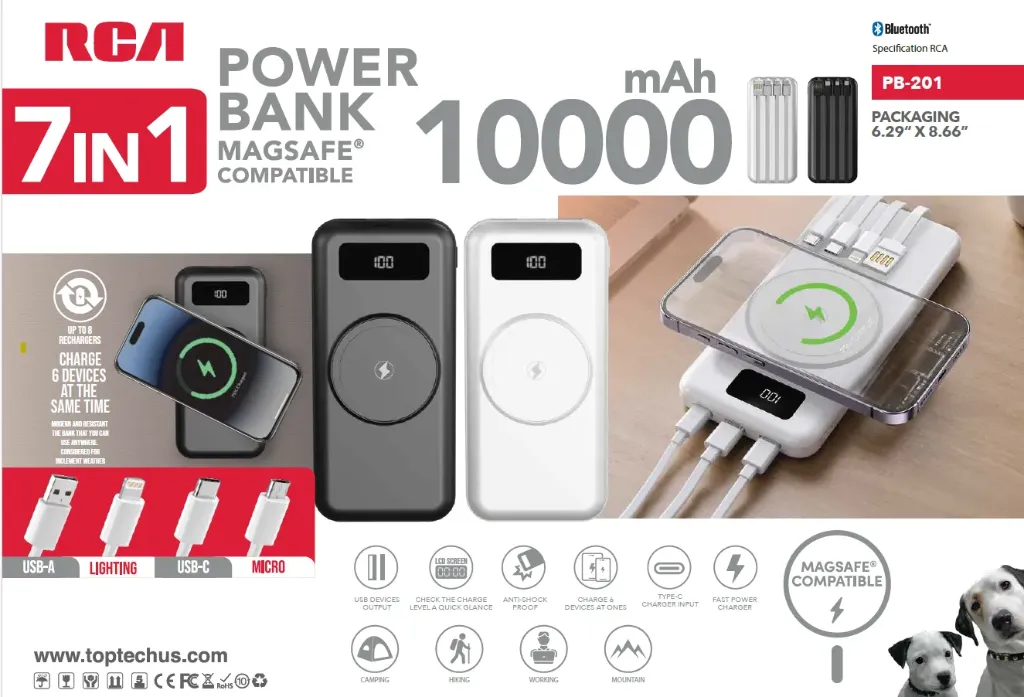 RCA 7-in-1 MagSafe-Compatible Power Bank, 10000mAh (White) (PB-201)