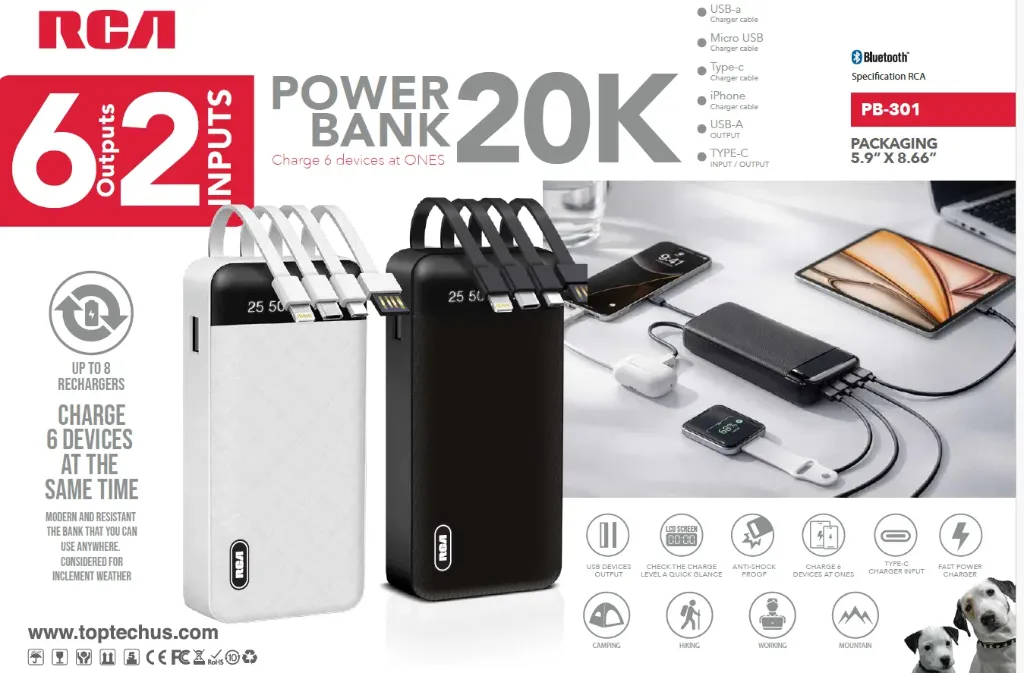 RCA 20K Power Bank, 6 Outputs / 2 Inputs (Black) (PB-301)