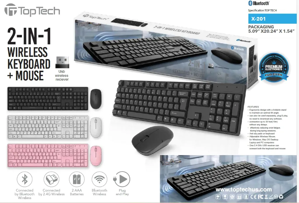 TopTech 2-in-1 Wireless Keyboard + Mouse (White) (X-201)
