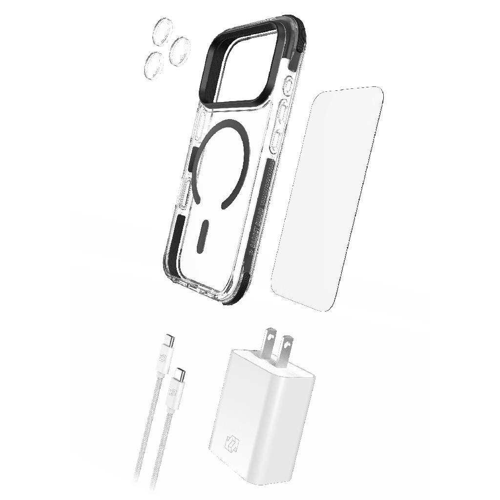 Gadget Guard - 5 In 1 Total Bundle Plus Total Guard Case /  150 Guardplus Camera Lens Protector /  150 Guardplus Screen Protector /  30w Charging Block  /  Cable For Apple Iphone 18 Pro - Black / Clear
