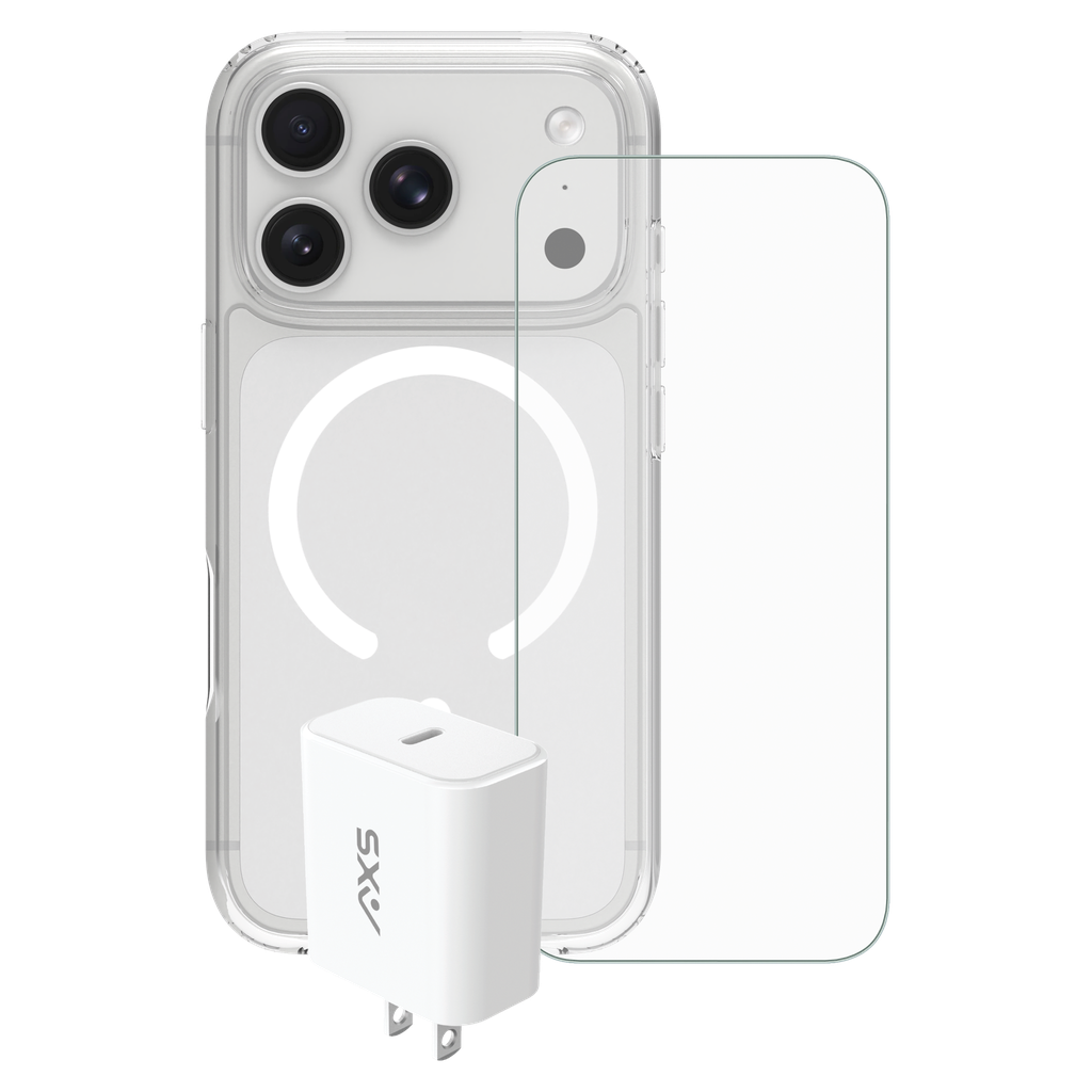 Axs - Essential Bundle Includes Ultra Clear Case  /  Wall Charger 30w /  Screen Protector For Apple Iphone 18 Pro / 17 Pro - Clear