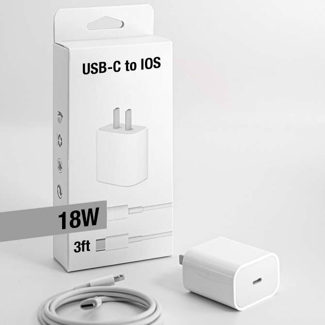 USB-C / PD Fast Charger / 18W Power Adapter with USB-C to 3FT IOS Cable