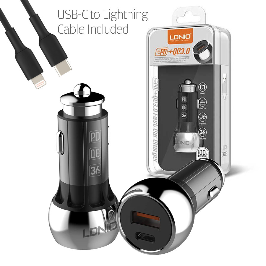 LDNIO 1 USB-A & Type-C PD+QC3.0 Quick Charging Car Charger (C1) Lightning to Type-C Cable Included