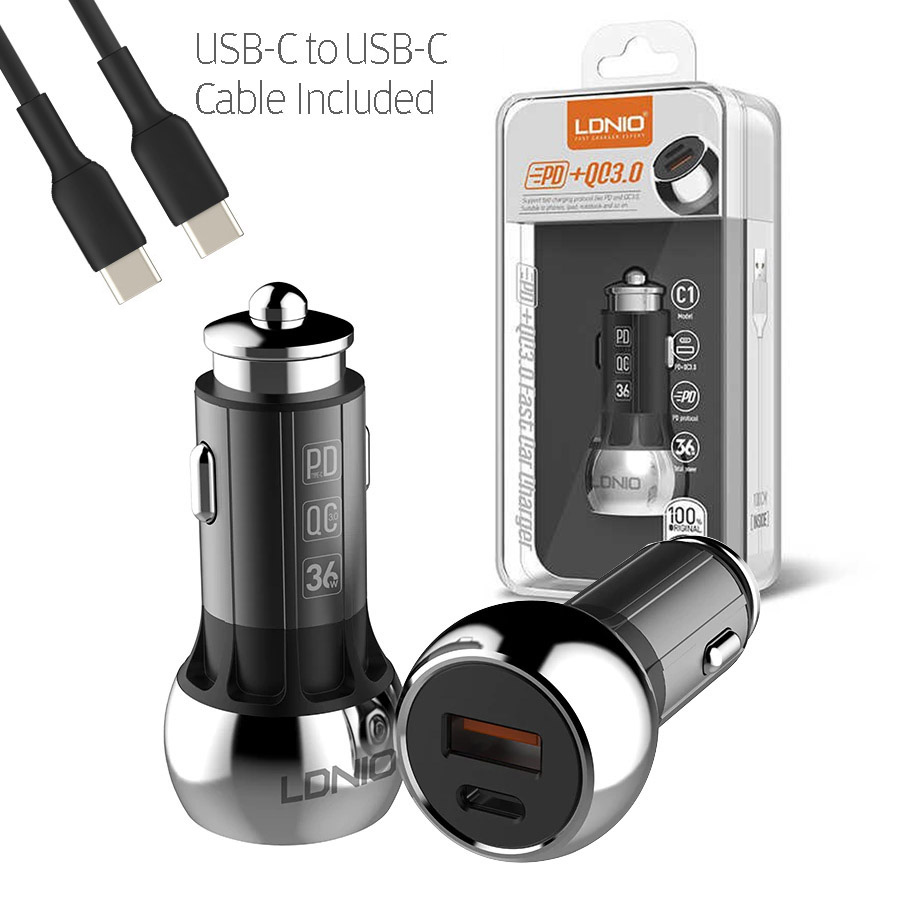 LDNIO C1 USB-A & USB-C PD+QC3.0 Quick Charging Car Charger USB-C to USB-C Cable Included (Black)